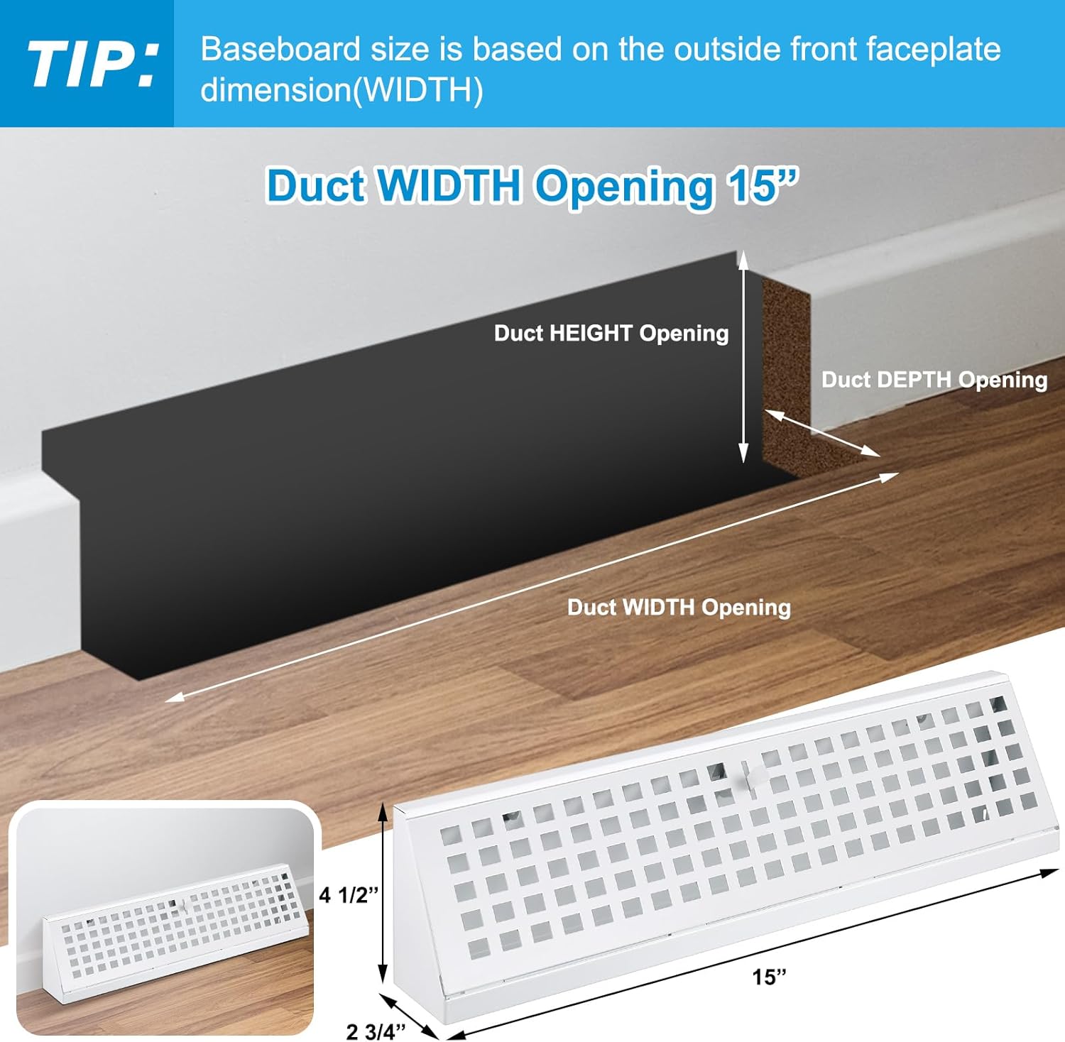1 Pack 15 Inch Baseboard Register Vent Duct Opening Size, Vent Covers with Air Adjust Lever Including Screws, Baseboard Air Covers for Home Floor Diffuser Wall Corner, Easy Install (White)